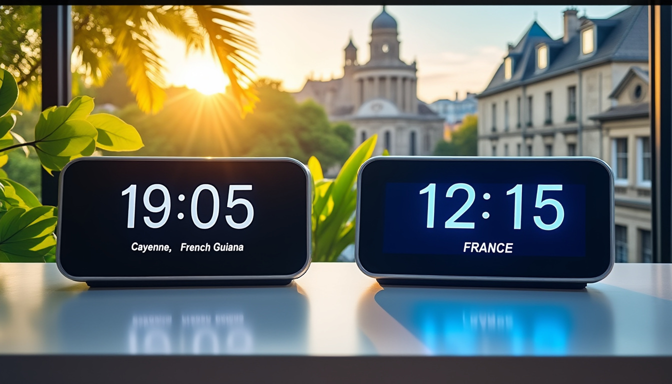 découvrez l'heure actuelle à cayenne, le fuseau horaire local et son décalage horaire avec la france pour mieux planifier vos communications et déplacements.